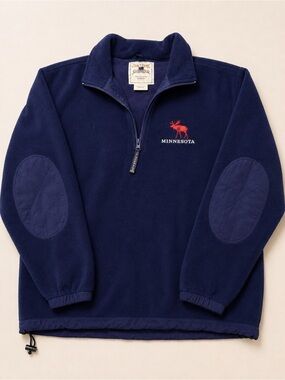 Oarsman 913 Minnesota Moose Quarter Zip Fleece Pullover Navy Blue Elbow Patch